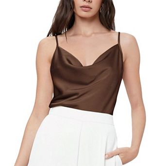 Women's Satin Cowl Neck Cami Top, Adjustable Spaghetti Strap Silky Camisole for Office & Casual