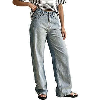 Women's Relaxed Fit Straight Jeans Washed Denim Pants with Side Pockets for Casual Daily Wear