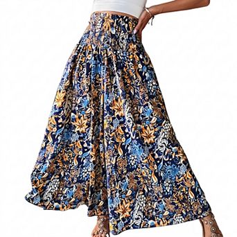 Women's Boho Print High Waist Wide Leg Pants, Smocked Waist Flowy Palazzo Pants for Summer