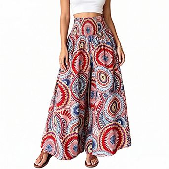 Women's Boho Print High Waist Wide Leg Pants, Smocked Waist Flowy Palazzo Pants for Summer
