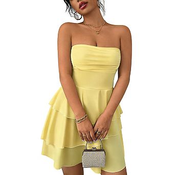 Women's Casual Strapless Mini Dress Double Layer Hem Tube Top Sundress Summer Dress