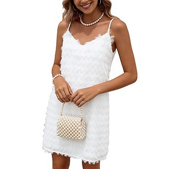 Women's Casual Fringe Trim V-Neck Dress Lightweight Spaghetti Strap Sundress for Summer