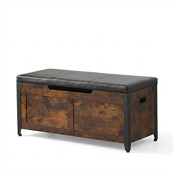 Wooden Shoe Bench with Lift-Top Storage Chest, Safety Hinges, Metal Frame, Entryway Organizer