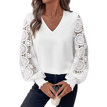 Women's Casual Lace Trim V-Neck Top Long Sleeve Pullover Blouse for Everyday Office Wear