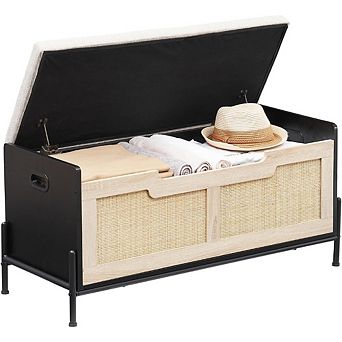 Farmhouse Storage Bench with Padded Seat Cushion & Rattan Design for Entryway, Living Room, Bedroom
