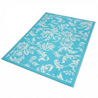 Outdoor Reversible Patio Rug Lightweight Foldable Waterproof Floral Mat for Patio Camping Deck