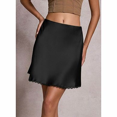 Women's Satin Lace Trim Mini Skirt