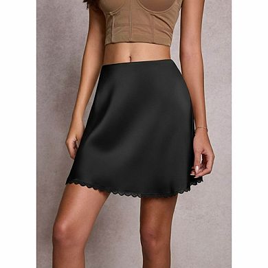 Women's Satin Lace Trim Mini Skirt