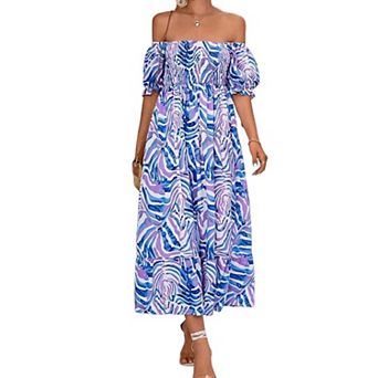 Women's Strapless Off-Shoulder Midi Dress Floral Elastic Waist Puff Sleeve Boho Flowy Vacation Dress