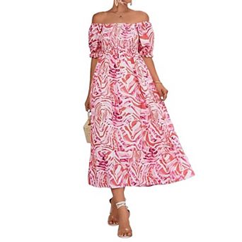 Women's Strapless Off-Shoulder Midi Dress Floral Elastic Waist Puff Sleeve Boho Flowy Vacation Dress