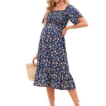 Women's Maternity Off Shoulder Floral Print Midi Dress Square Neck Short Sleeve Pregnancy Dress