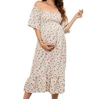 Women's Maternity Off Shoulder Floral Print Midi Dress Square Neck Short Sleeve Pregnancy Dress