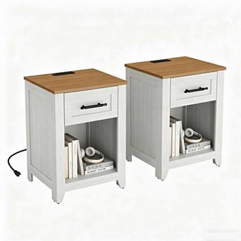 Set of 2 Farmhouse Nightstand with Charging Station Drawers & Open Shelf, USB/Type-C/AC Outlets