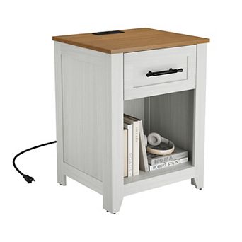 Farmhouse Nightstand with Charging Station Drawers & Open Shelf, USB/Type-C/AC Outlets