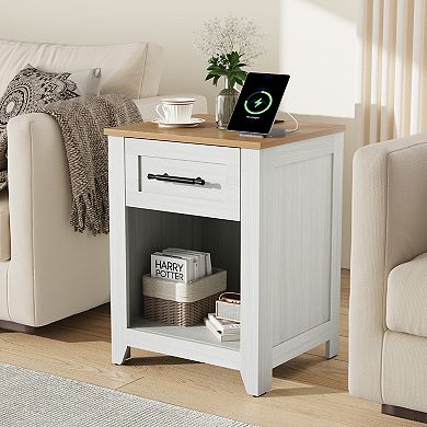 Farmhouse Nightstand with Charging Station Drawers & Open Shelf, USB/Type-C/AC Outlets