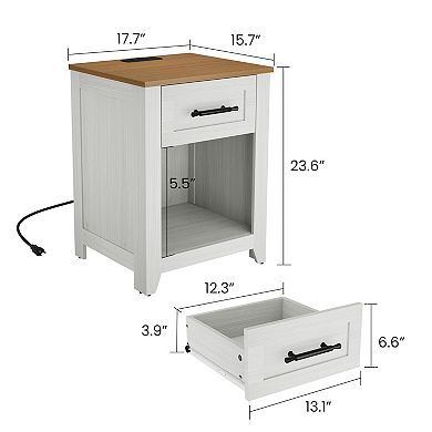 Farmhouse Nightstand with Charging Station Drawers & Open Shelf, USB/Type-C/AC Outlets