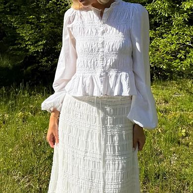 Women's Smocked Bubble Lantern Sleeve Button Down Shirt, Ruffle Collar Peplum Blouse