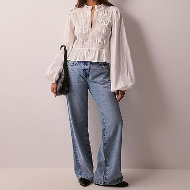 Women's Smocked Bubble Lantern Sleeve Button Down Shirt, Ruffle Collar Peplum Blouse