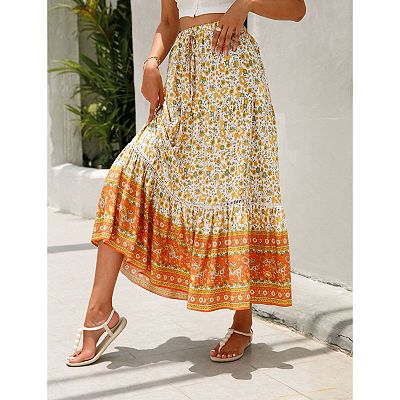 Women's Boho Floral Print High Waist Tiered Maxi Skirt, Bohemian A