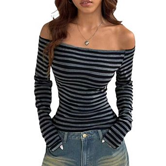 Women's Striped Off-Shoulder Long Sleeve Fitted Crop Top, Casual Knit T-Shirt