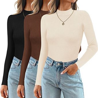 Ekouaer Three Pack Mock Turtlenecks Tops for Womens Long Sleeve Ribbed Shirts Slim Fit Undershirts