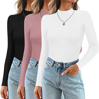 Ekouaer Three Pack Mock Turtlenecks Tops for Womens Long Sleeve Ribbed Shirts Slim Fit Undershirts
