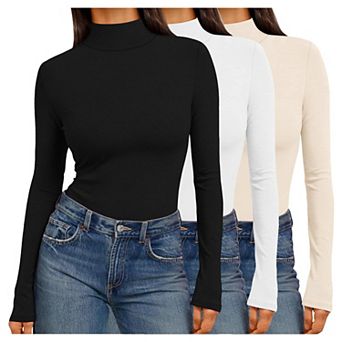 Ekouaer Womens Mock Turtleneck Long Sleeve Shirts Three Pack Soft Stretch Fitted Thermal Top