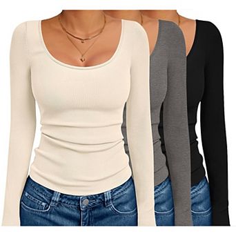 Ekouaer Three Pack Long Sleeve Shirts Scoop Neck Ribbed Thermal Tops Slim Fit Basic Undershirts