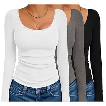 Ekouaer Three Pack Long Sleeve Shirts Scoop Neck Ribbed Thermal Tops Slim Fit Basic Undershirts