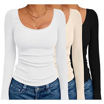Ekouaer Three Pack Long Sleeve Shirts Scoop Neck Ribbed Thermal Tops Slim Fit Basic Undershirts