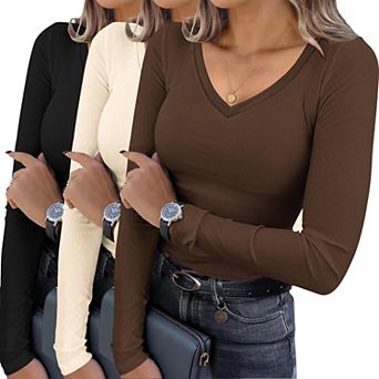 Ekouaer Womens Three Pack Long Sleeve Shirts V Neck Ribbed Slim Fit Tops Thermal Undershirts Tee