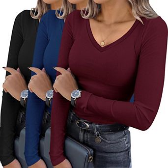 Ekouaer Womens Three Pack Long Sleeve Shirts V Neck Ribbed Slim Fit Tops Thermal Undershirts Tee