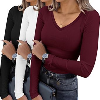 Ekouaer Womens Three Pack Long Sleeve Shirts V Neck Ribbed Slim Fit Tops Thermal Undershirts Tee