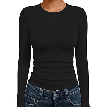 Ekouaer Slim Fit Basic Tops Underwear Shirts with Side Shirring Fashion Long Sleeve Outfit Wear