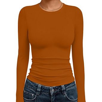 Ekouaer Slim Fit Basic Tops Underwear Shirts with Side Shirring Fashion Long Sleeve Outfit Wear