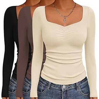 Ekouaer Womens Long Sleeve Sweetheart Neck T Shirts Three Pack Slim Fit Tops Base Layer Undershirts
