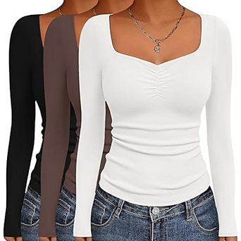 Ekouaer Womens Long Sleeve Sweetheart Neck T Shirts Three Pack Slim Fit Tops Base Layer Undershirts