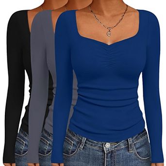 Ekouaer Womens Long Sleeve Sweetheart Neck T Shirts Three Pack Slim Fit Tops Base Layer Undershirts
