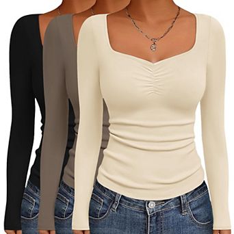 Ekouaer Womens Long Sleeve Sweetheart Neck T Shirts Three Pack Slim Fit Tops Base Layer Undershirts