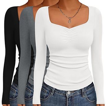 Ekouaer Womens Long Sleeve Sweetheart Neck T Shirts Three Pack Slim Fit Tops Base Layer Undershirts