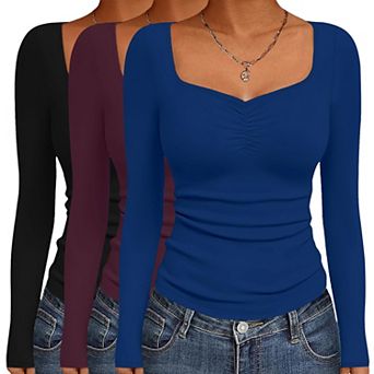 Ekouaer Womens Long Sleeve Sweetheart Neck T Shirts Three Pack Slim Fit Tops Base Layer Undershirts