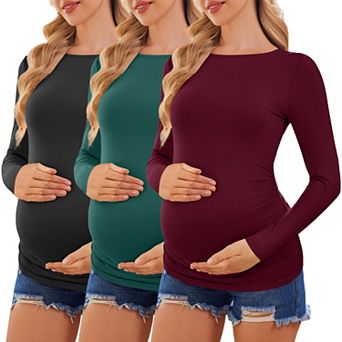 Ekouaer Maternity Shirts for Womens Maternity Clothes Three Pack Boat Neck Pregnancy Top Ruched