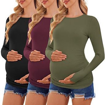 Ekouaer Maternity Shirts Womens Pregnancy Clothes Side Ruched Crew Neck Tops T Shirts Three Pack
