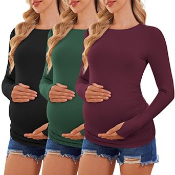 Ekouaer Maternity Shirts Womens Pregnancy Clothes Side Ruched Crew Neck Tops T Shirts Three Pack