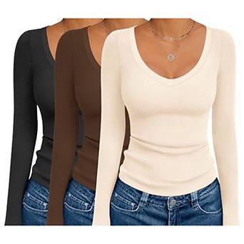 Ekouaer Three Pack Long Sleeve Shirts Deep V Neck Basic Thermal Tops Base Layer Undershirts