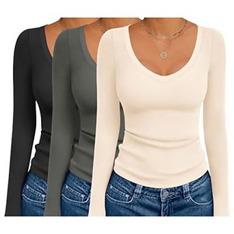 Ekouaer Three Pack Long Sleeve Shirts Deep V Neck Basic Thermal Tops Base Layer Undershirts