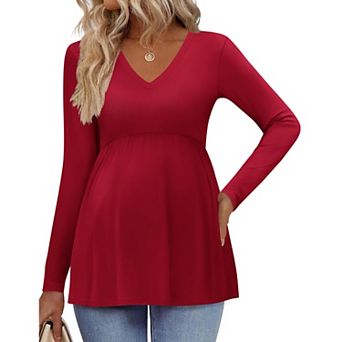 Ekouaer Womens Maternity Shirts Long Sleeve Pregnancy Tops V Neck Tunic Blouses Clothes