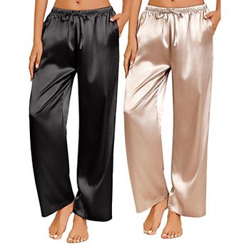 Ekouaer Two Pack Womens Satin Pajama Pants Silk Sleep Lounge Pants Loose Pajama Bottom with Pockets
