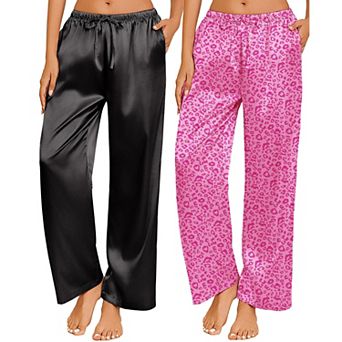 Ekouaer Two Pack Womens Satin Pajama Pants Silk Sleep Lounge Pants Loose Pajama Bottom with Pockets
