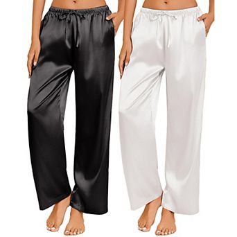 Ekouaer Two Pack Womens Satin Pajama Pants Silk Sleep Lounge Pants Loose Pajama Bottom with Pockets